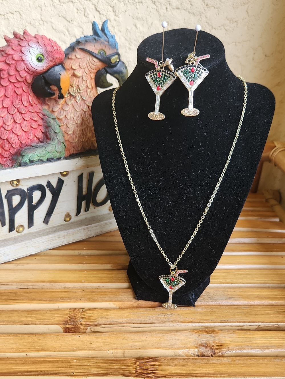 Gold Martini Glass Pendant Necklace and Earrings Set - Green/Red Accent